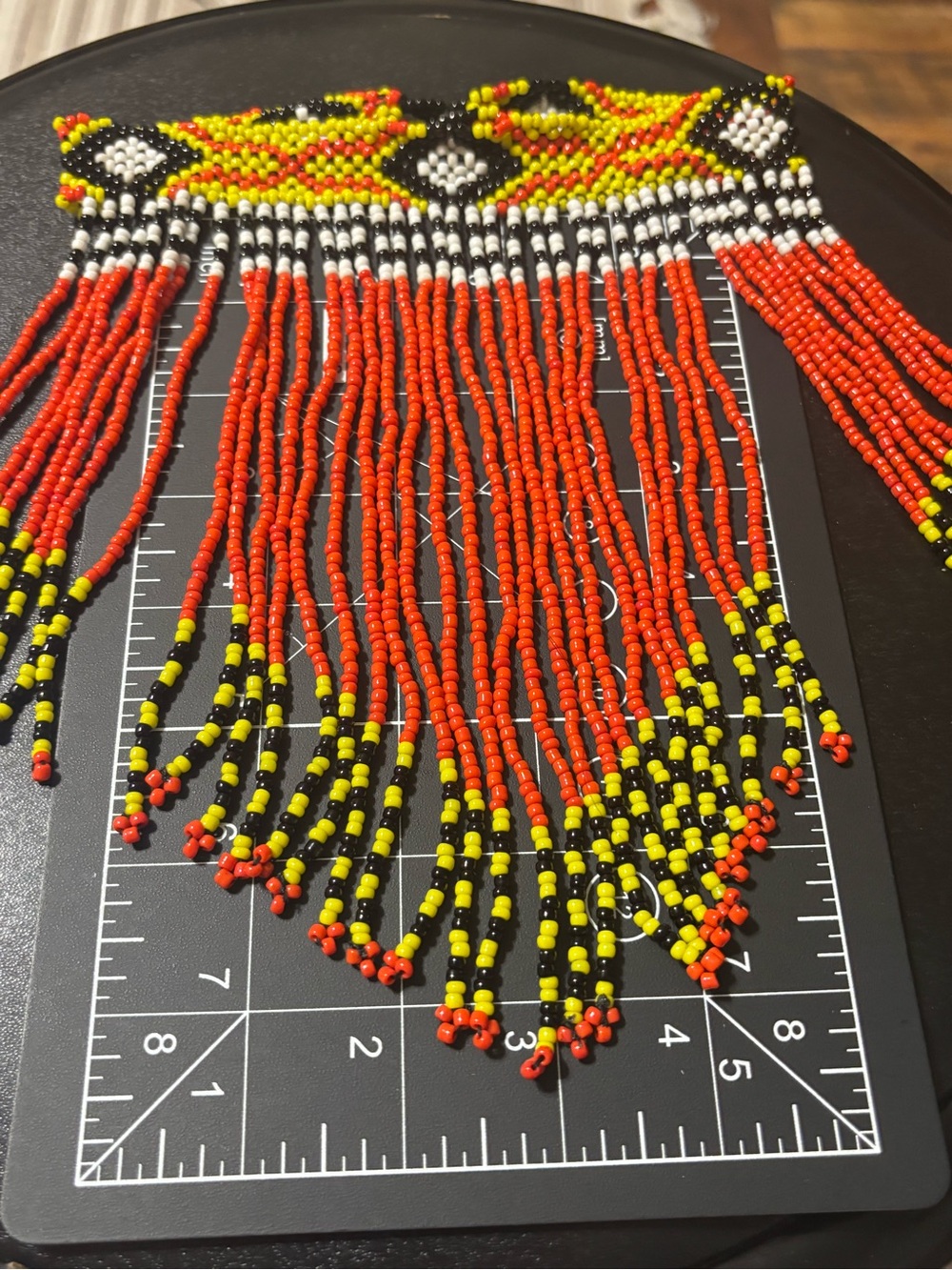 Handcrafted Orange, Yellow & Black Beaded Fringe Necklace - Picture 6 of 10